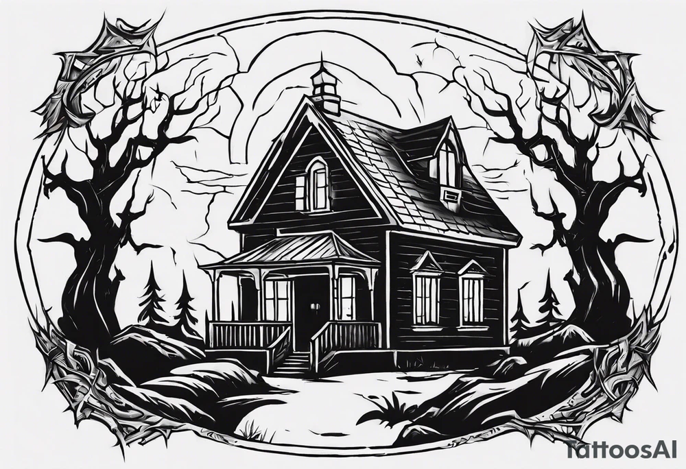 Create a tattoo design featuring a small house. Include a black demonic figure lifting the roof, peering out into the surroundings with an ominous presence. tattoo idea