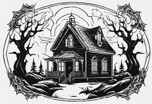 Create a tattoo design featuring a small house. Include a black demonic figure lifting the roof, peering out into the surroundings with an ominous presence. tattoo idea