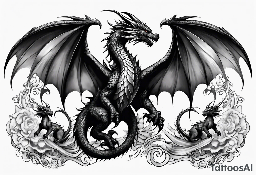 Mother dragon wings spread standing over three baby dragons tattoo idea
