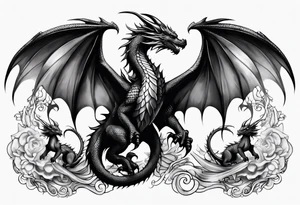 Mother dragon wings spread standing over three baby dragons tattoo idea