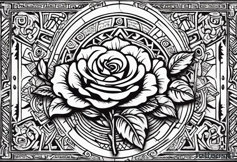 Design a masculine tattoo depicting three delicate rose buds being embraced and protected by 
Aztec weapons. The weapons should include elements such as the macuahuitl (Aztec sword-club)
, arranged in a way that forms a protective circle or embrace around the roses. Carve the entire image as if it were a stone sculpture by an ancient Aztec artist, with the texture resembling intricately detailed stone carvings. The roses should be slightly softer but still stylized in stone, giving the entire tattoo a powerful, yet artistic and ancient feel. Use bold, sharp lines to capture the essence of Aztec craftsmanship

Historically accurate tattoo idea