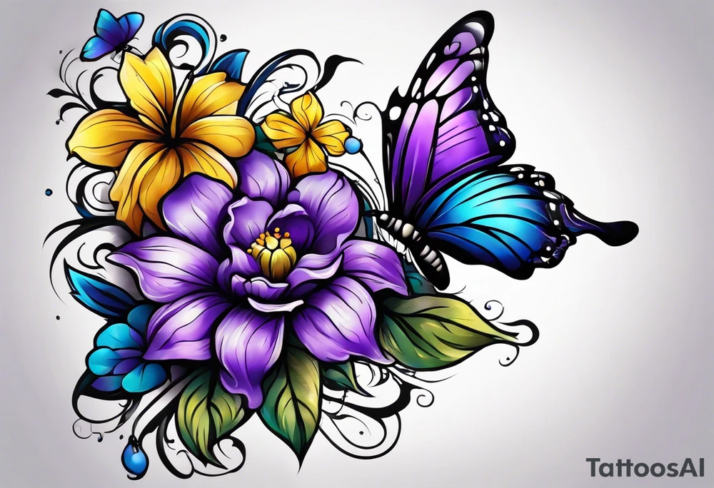 A cross with purple, yellow and blue flowers with a butterfly arm.sleeve tattoo idea