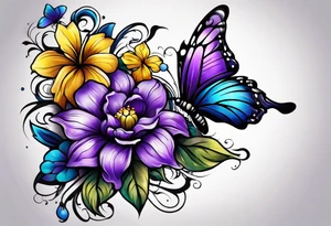 A cross with purple, yellow and blue flowers with a butterfly arm.sleeve tattoo idea