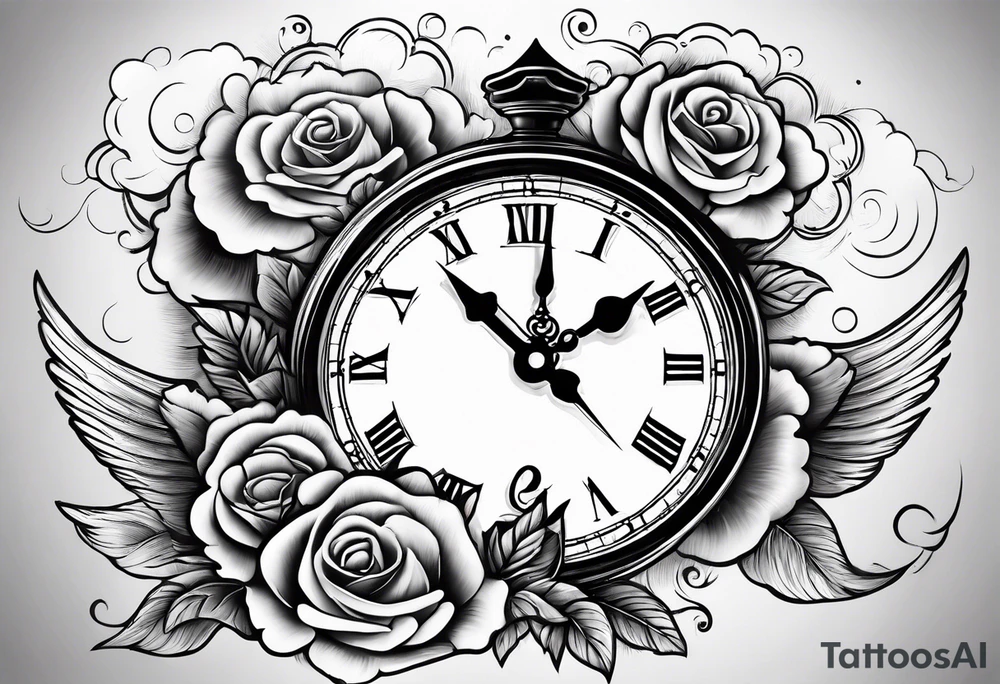 Dove with a clock and rose in clouds tattoo idea