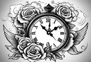 Dove with a clock and rose in clouds tattoo idea
