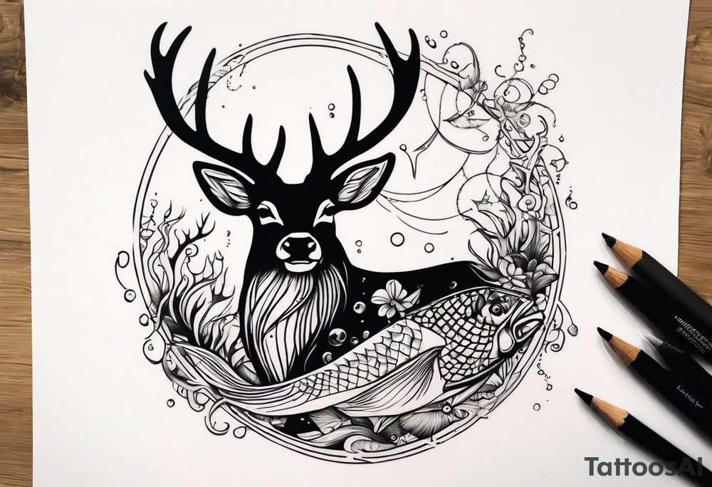 stag and fish with fishhook tattoo idea