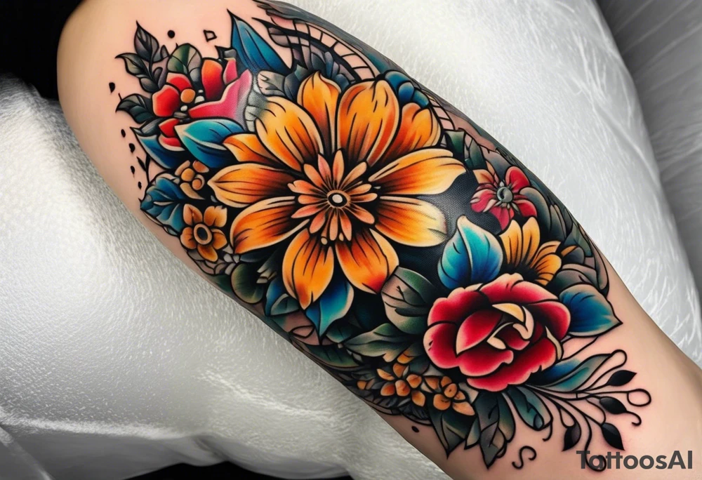 Floral leg piece with beading and lace tattoo idea. colorful, old school flowers, highly detailed, florals. tattoo idea