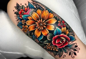 Floral leg piece with beading and lace tattoo idea. colorful, old school flowers, highly detailed, florals. tattoo idea