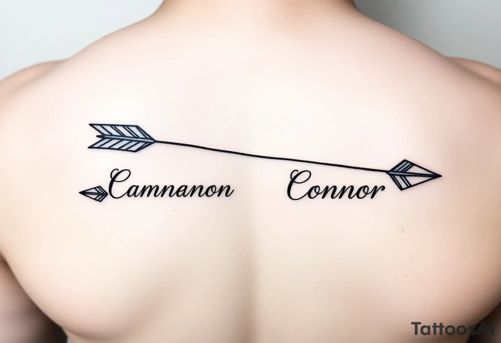 two feminine fine line bow arrows one with the name Cameron and the other with the name Connor tattoo idea