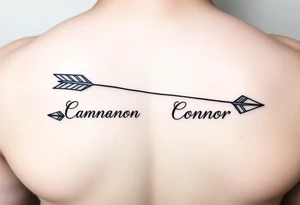 two feminine fine line bow arrows one with the name Cameron and the other with the name Connor tattoo idea