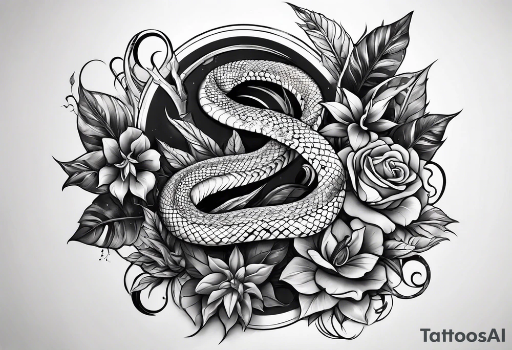 sleeve tattoo with a snake, gun, weed symbol tattoo idea