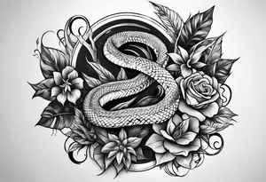 sleeve tattoo with a snake, gun, weed symbol tattoo idea