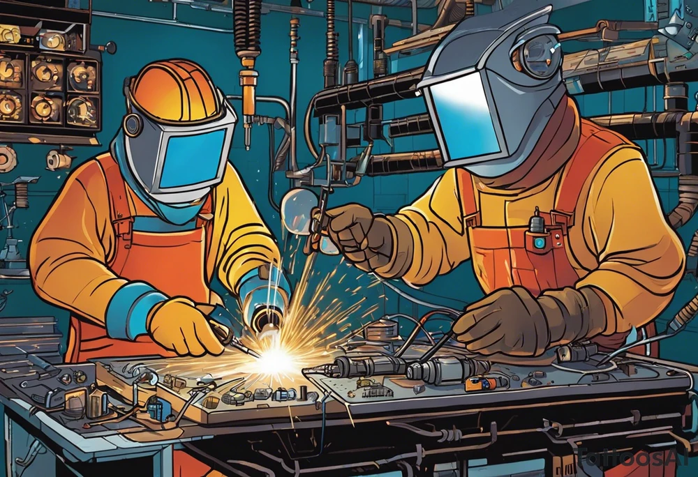 Two 60-year-old characters working together on creating a big mechanism made of iron, gems and electronic circuits. The first character is a welder, dressed in a welding suit and mask. The second character is a fitter, wearing a shirt with sleeves rolled up to the forearms and a tool belt. has no hat. The mechanism they are working on should be in the center of the drawing, should look like a human heart and to be 1\5 of the whole immage.  Characters positioned on either side of the mechanism. tattoo idea