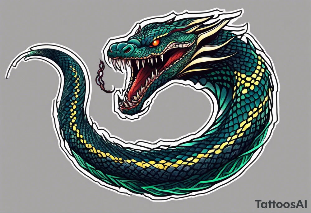 Venomous Serpent Coiling: A realistic tattoo of a venomous serpent, its fangs bared and eyes glowing, coiling around the arm with intricate scales and a menacing expression. tattoo idea