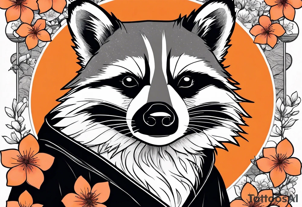 Raccoon wearing a white Superman logo on a black hoodie and orange Japanese cherry blossoms tattoo idea