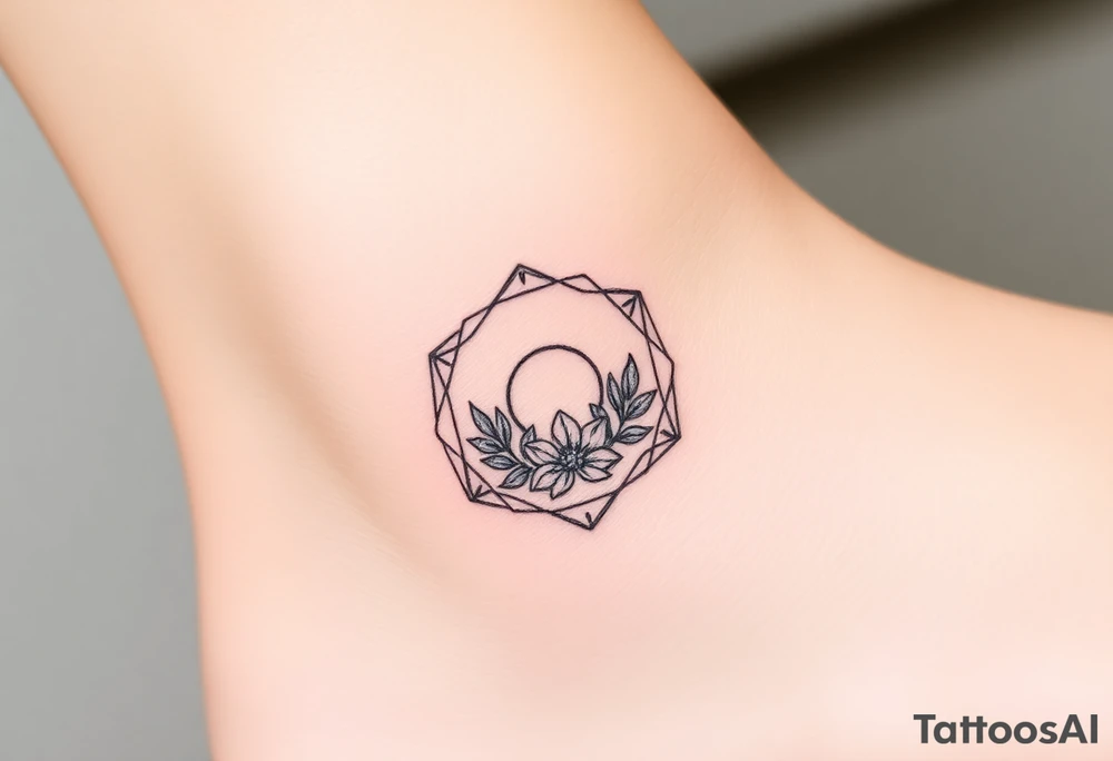 Faint Hexagon with astrological sign for Leo, larkspur and water lilies in the center tattoo idea