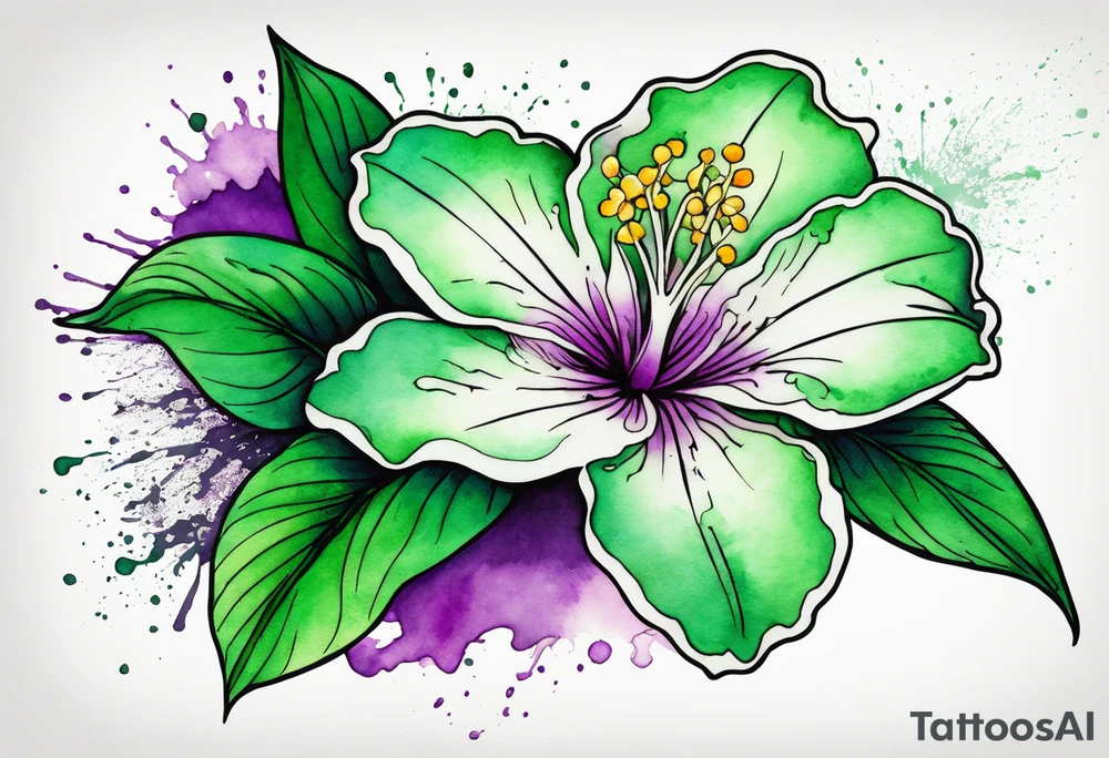 An outline of an only green rio dipladenia flower and a green and purple watercolor splash in the background tattoo idea