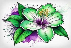 An outline of an only green rio dipladenia flower and a green and purple watercolor splash in the background tattoo idea