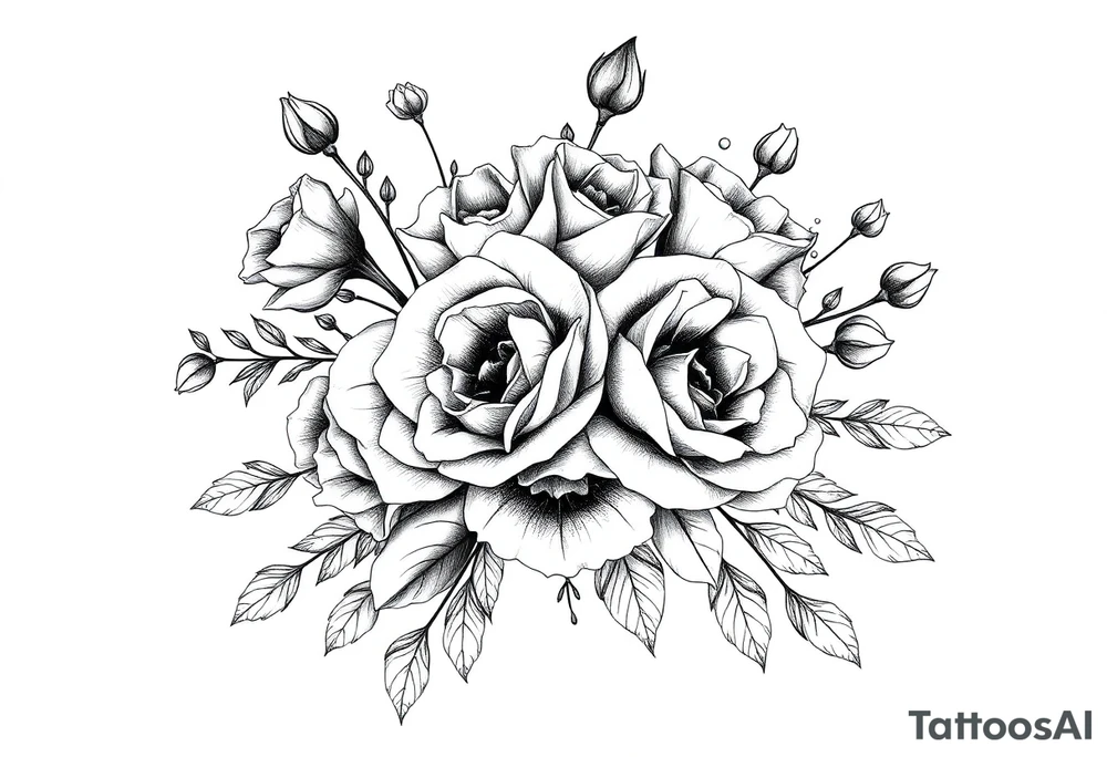 vintage bouquet of wild roses and meadow flowers with morning dew tattoo idea