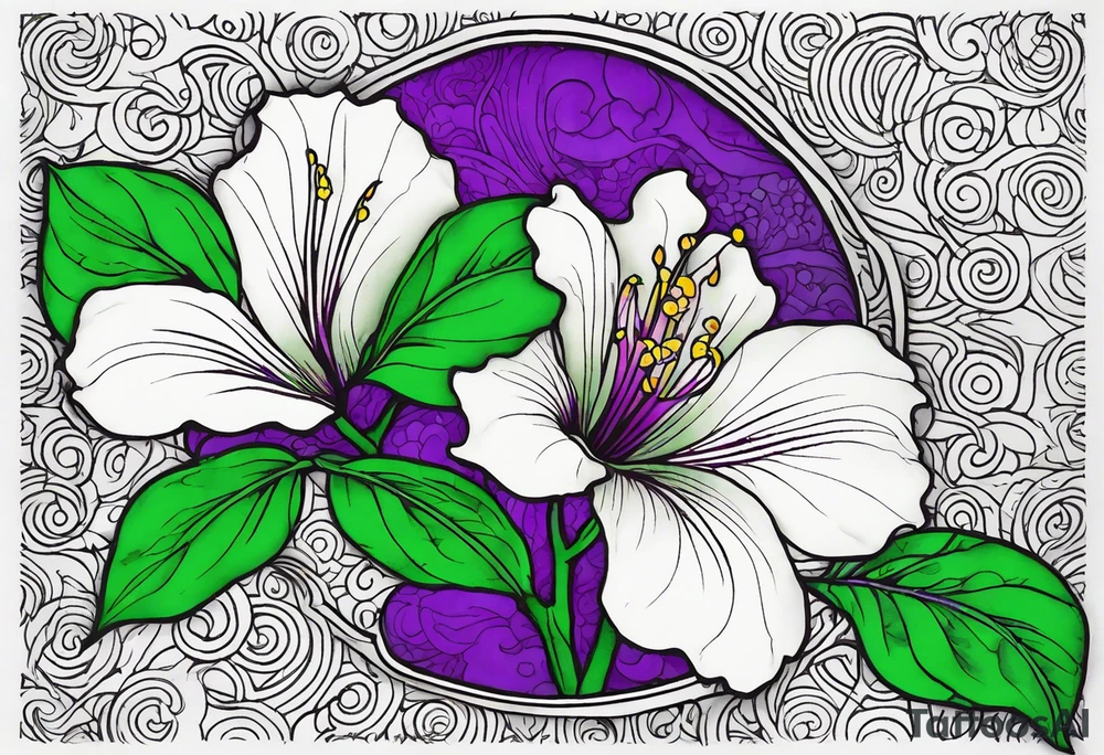 A mystical outline of a green and purple rio dipladenia flower and a green and purple watercolor splash in the background tattoo idea