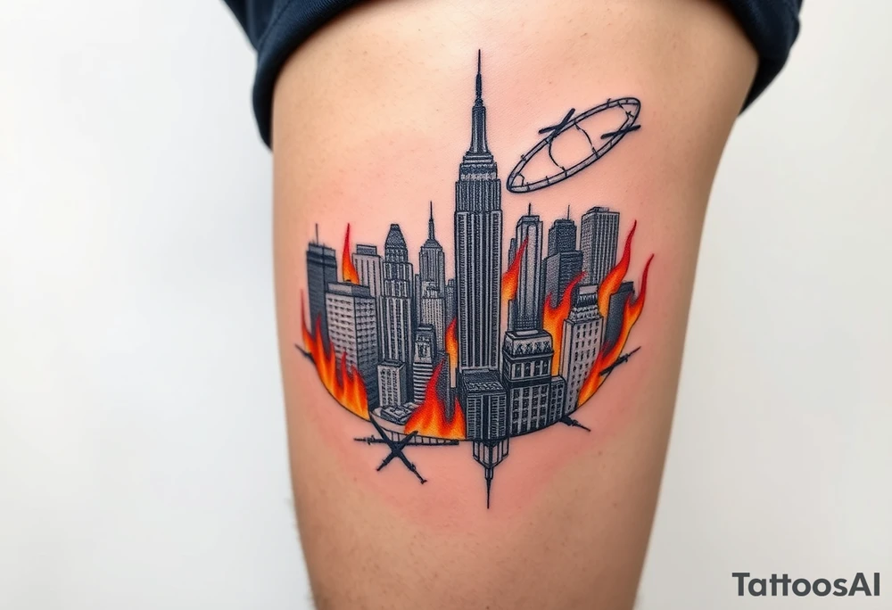 toxic new york city landscape on fire tattoo idea