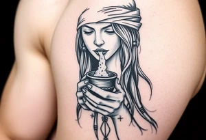 Shamanic woman facing straight, holding a cup and blowing healing dust out of the cup tattoo idea