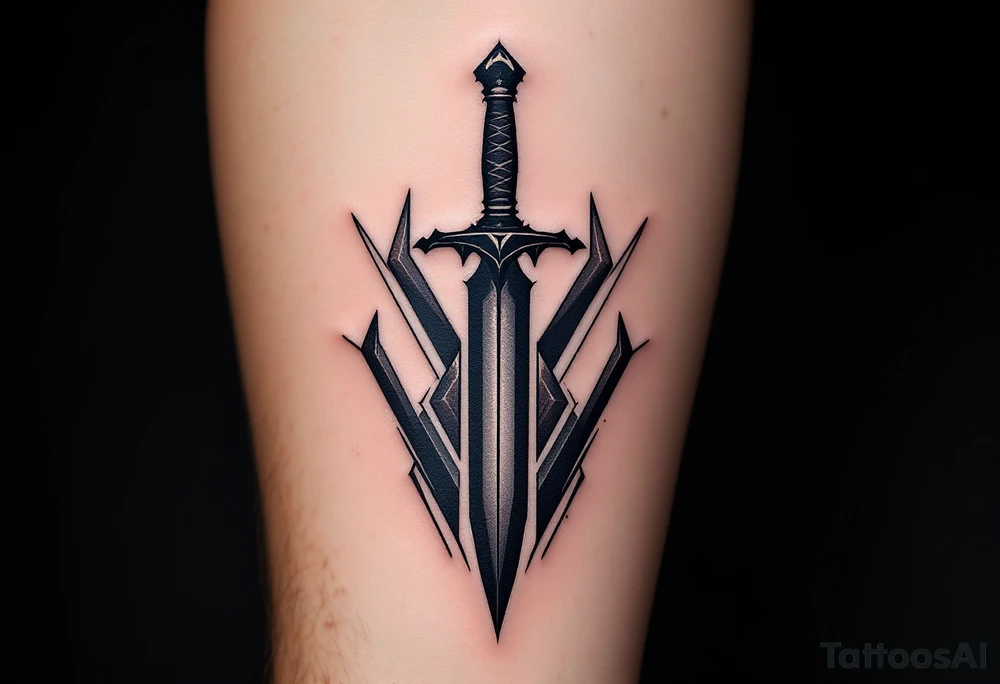 Geometric Dagger – A sleek, minimalist dagger surrounded by sharp geometric patterns, with the blade shaded in black and the surrounding shapes in deep charcoal gray with hints of bright white lines for contrast. tattoo idea