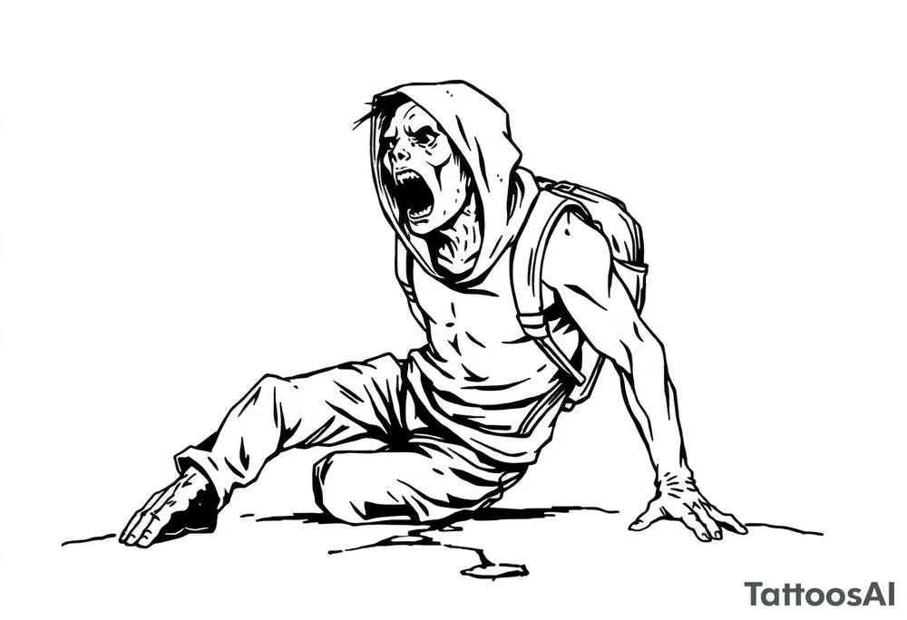 Confusion and pressure in thin lines on screaming solo traveler with no face with his skin ripped left on the path he’s crawling tattoo idea