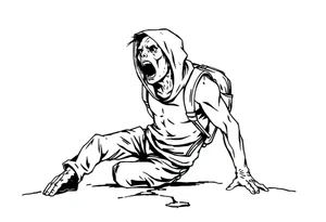 Confusion and pressure in thin lines on screaming solo traveler with no face with his skin ripped left on the path he’s crawling tattoo idea