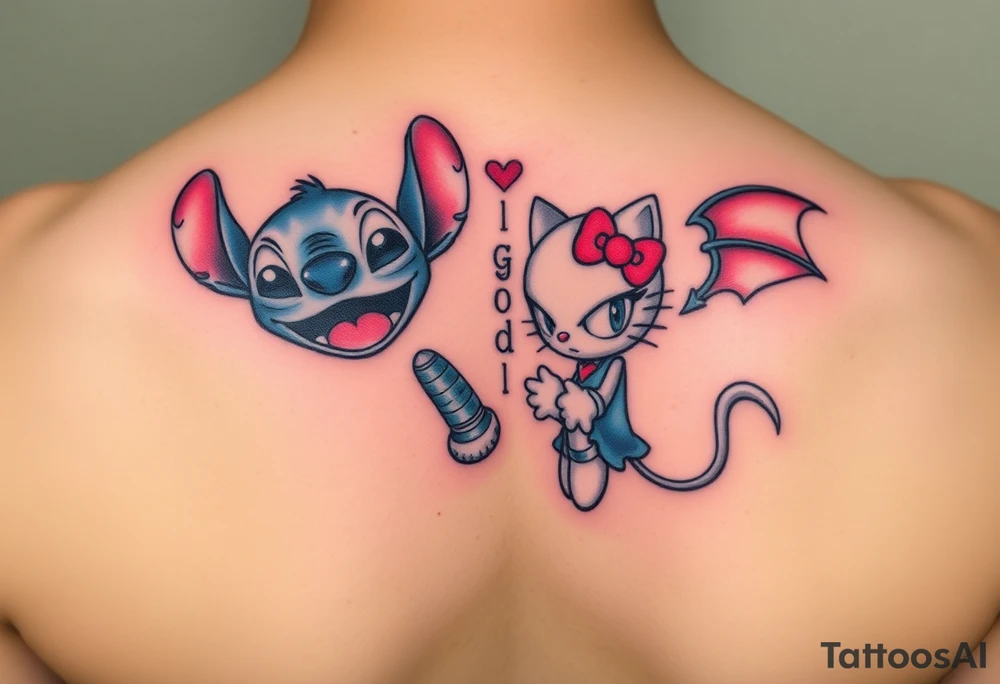 Stitch sonic hello kitty showing that they are good and bad half demons tattoo idea