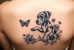 Small tattoo of Great Dane puppy playing in flowers and chasing a butterfly. tattoo idea