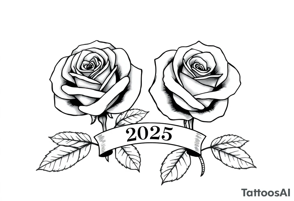 two beautiful large rose buds, one larger than the other, with many leaves next to the rose buds, with one sitting slightly higher than the other, side-by-side.  Include a banner connecting the two roses with the year 2025 on it.   Use dark outlines with little shading. No stems tattoo idea