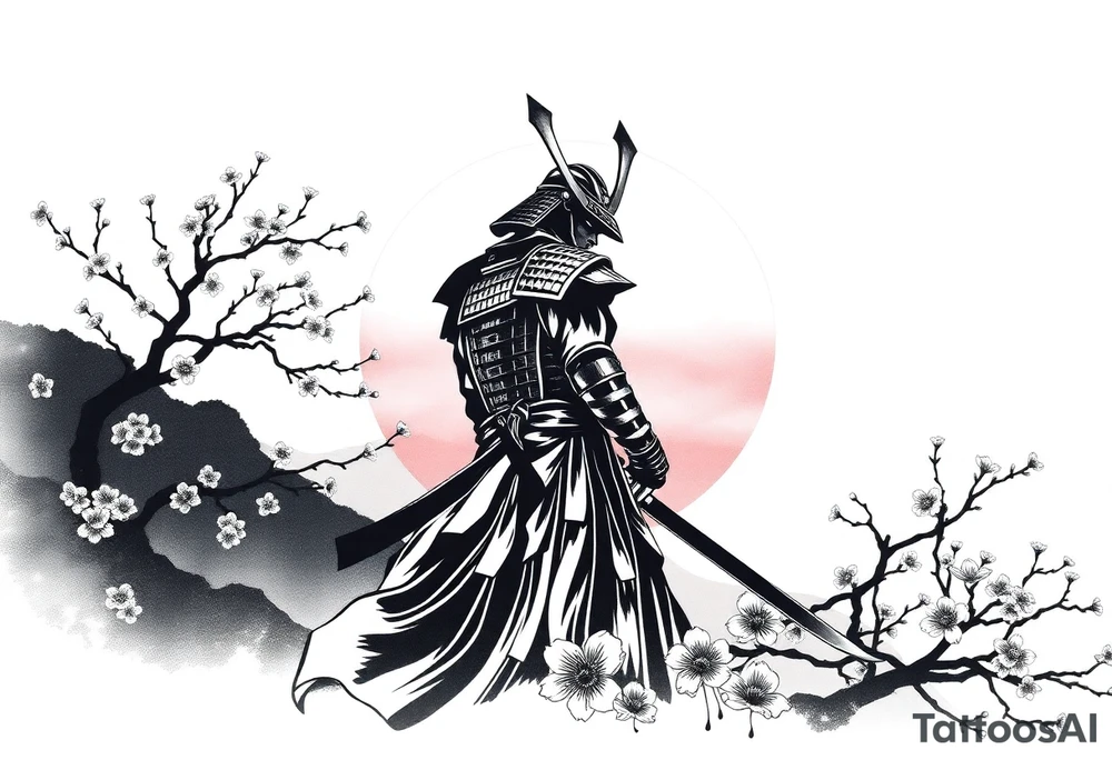 noble samurai warrior silhouette at sunset with cherry blossoms tattoo idea