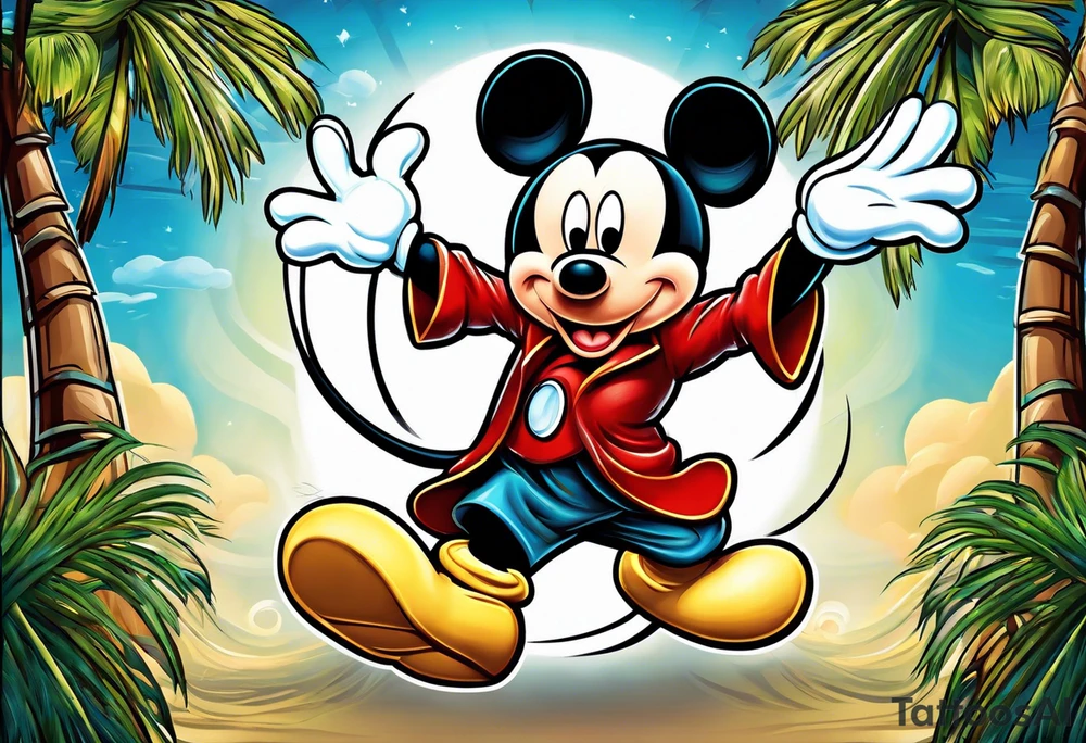 mickey mouse holding lightning with palm trees doing martial arts tattoo idea