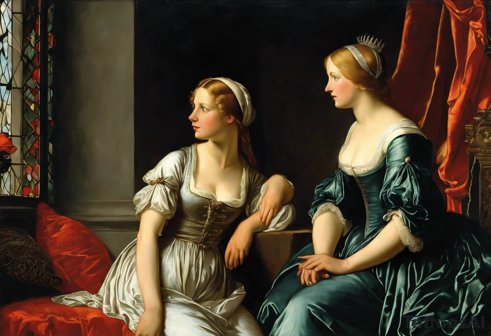 3 webliche Menschen die nebeneinander stehen. Die linke ist ein junges mädchen, die mittlere eine reife Frau, die rechte eine sehr alte frau. Sie blicken  nach vorne.
Es sind 3 weberinen. Sie symbolisisren die moiren, alte schicksalsgöttinen. tattoo idea