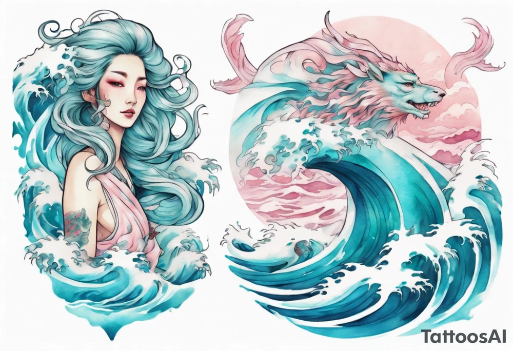 a beautiful turquoise pink and white lady falkor rising from the blue waves of the ocean tattoo idea