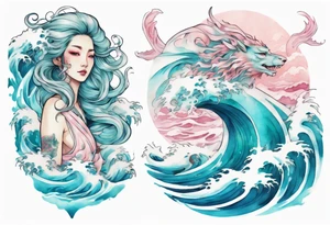 a beautiful turquoise pink and white lady falkor rising from the blue waves of the ocean tattoo idea