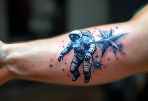 A hyper-detailed astronaut floating on the arm, reflecting stars in deep navy, metallic silver, and blue light. tattoo idea