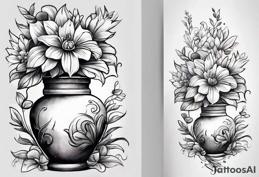 a flowerpot with a small flower coming out of it, just about to bloom. tattoo idea