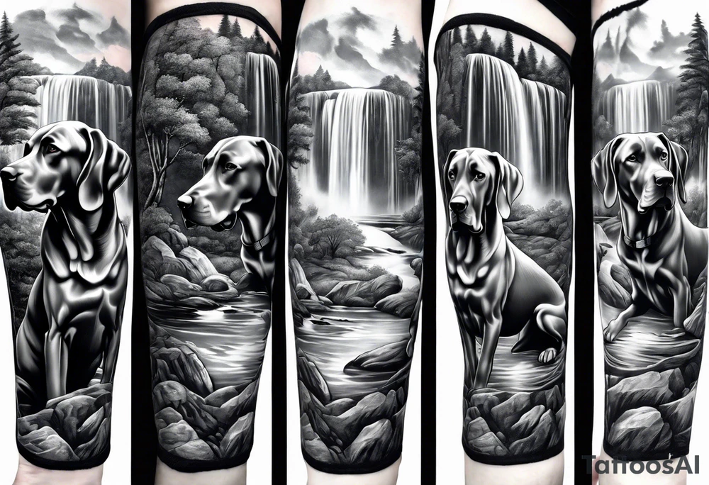 Arm sleeve with four Great Danes in front of waterfall tattoo idea