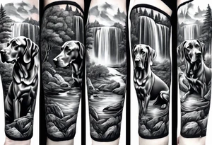 Arm sleeve with four Great Danes in front of waterfall tattoo idea