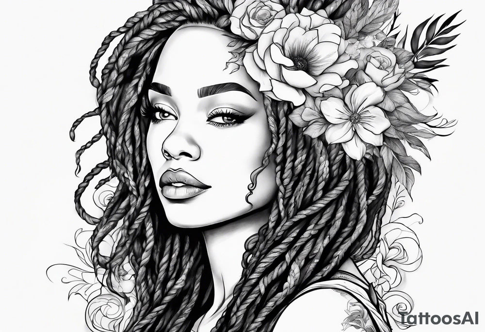 Woman with locs and flowers tattoo idea