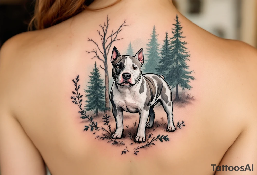Stafford in Nature Scene – A serene design showing a Staffordshire Bull Terrier standing in a forest setting, with evergreen trees and cool earth tones in the background. tattoo idea