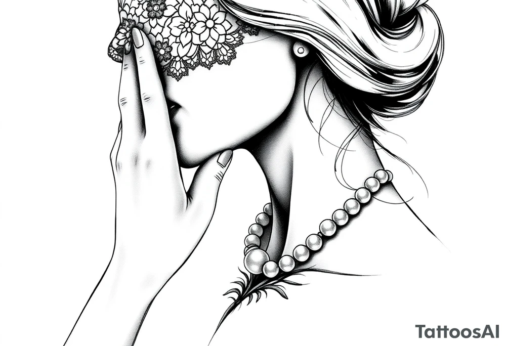 Black and white profile of woman with chin pressed on hand, lace covering  her eyes while biting on pearl necklace tattoo idea