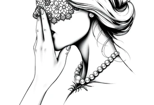 Black and white profile of woman with chin pressed on hand, lace covering  her eyes while biting on pearl necklace tattoo idea