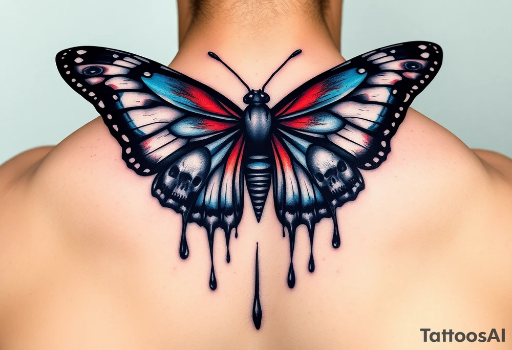 powerful majestic and dark monarch butterfly with skull detail in the wings
hidden skulls in wings, skull detail making the body of the butterfly with a horror style dripping effect, including blue, red and white colouring tattoo idea