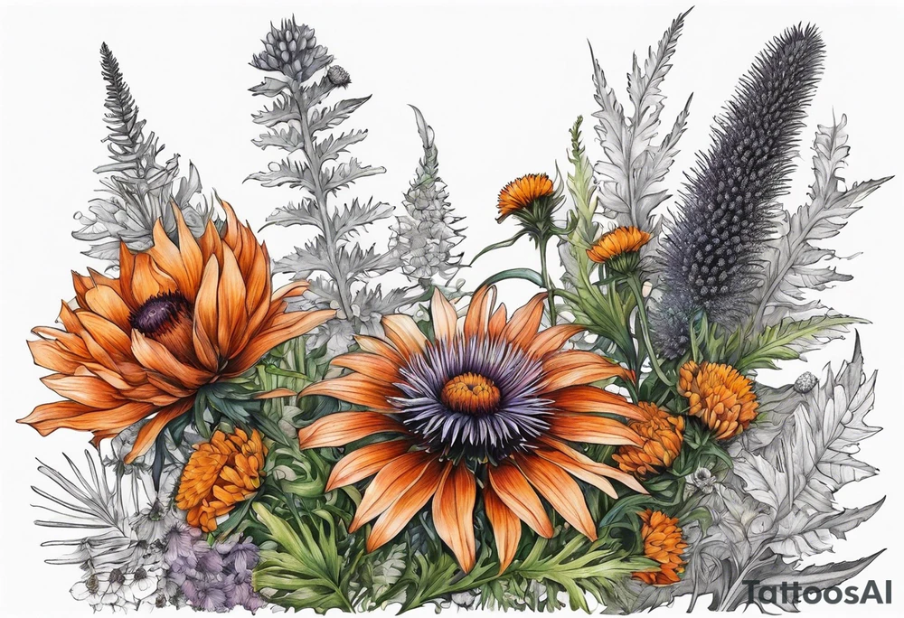 cascading mixed colored wildflowers with thistles, ferns, burnt orange flowers all in color tattoo idea