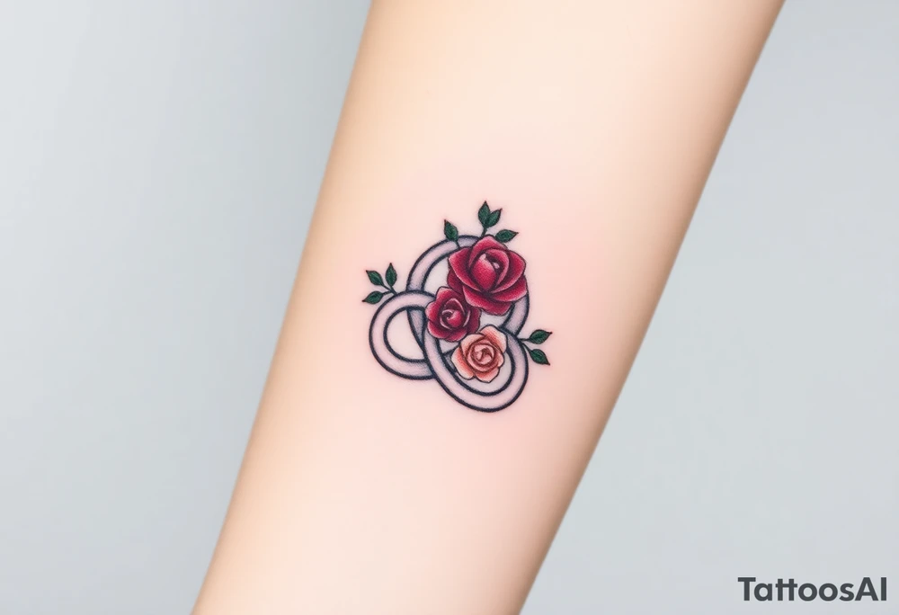 Celtic Trinity knot with a flower crown going through it made out of tiny maroon and blush pink colored roses tattoo idea