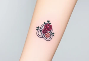 Celtic Trinity knot with a flower crown going through it made out of tiny maroon and blush pink colored roses tattoo idea