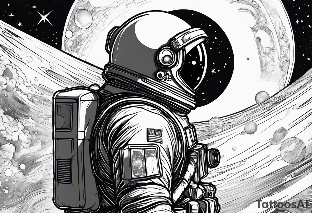 an astronaut hunched over in space from the back holding a planet in his hands tattoo idea